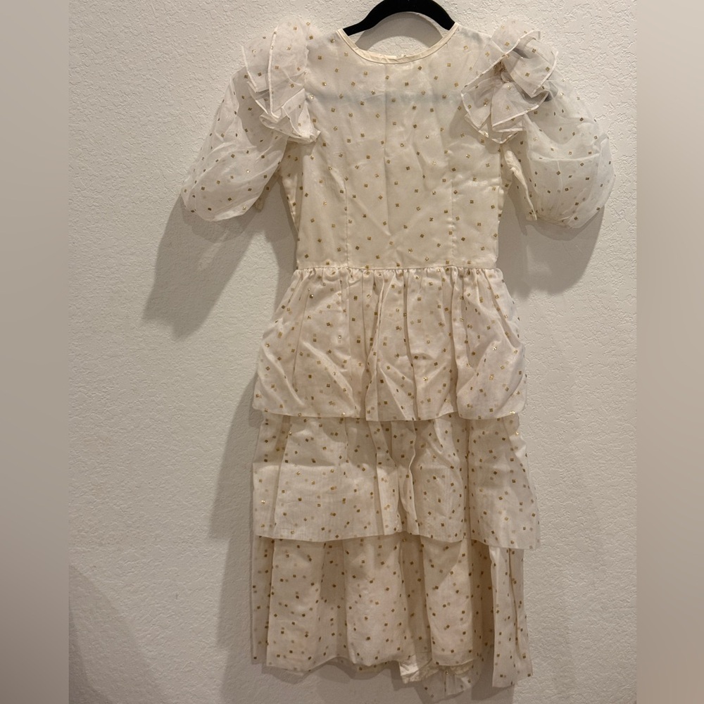 Neiman‎ Marcus Cream Tiered Ruffle Dress with Gold Dot Detail